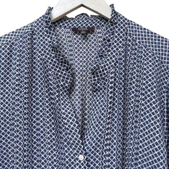 NYDJ Womens Blouse Plus Size 2X Blue Print Tunic Top Ruffle Long Sleeve NWOT - Picture 3 of 8